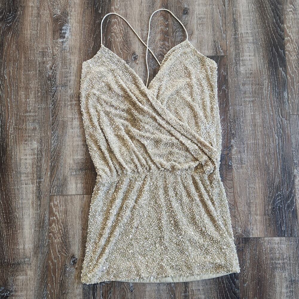 Retrofete Mini Sequin Dress Faux Wrap Sleeveless Tan/Brown Size Medium